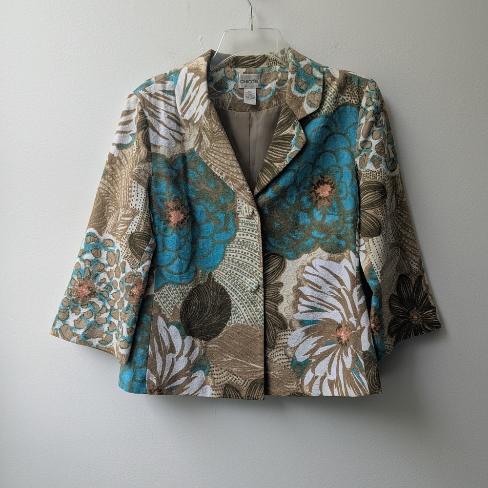 Chicos Blazer Brown Blue Floral Print Texrured Button Front Jacket Sz 1 Med